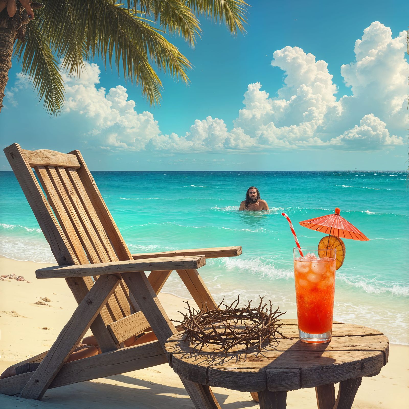 A Lonely Crown on a Beach with a Swimmer in the Distance