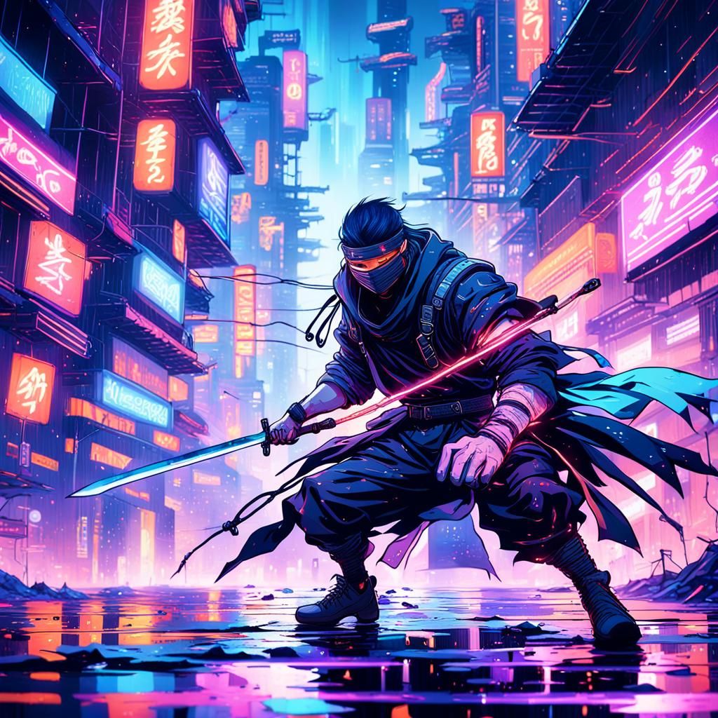 Cyberpunk Ninja Fight in Neon Cityscape