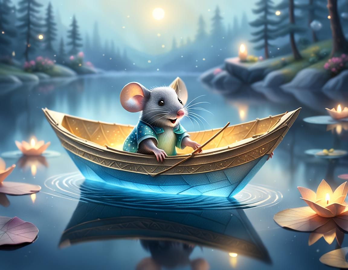 Mouse in Paper Boat on Misty Lake as Pencil Sketch
