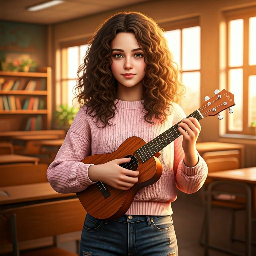 Girl with Ukulele in Classroom, Digital Art Portrait