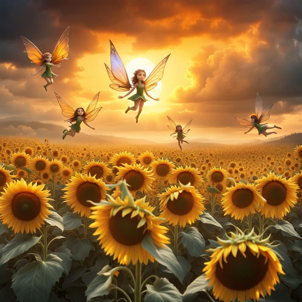 Elves and little fairies flying around sunflowers,