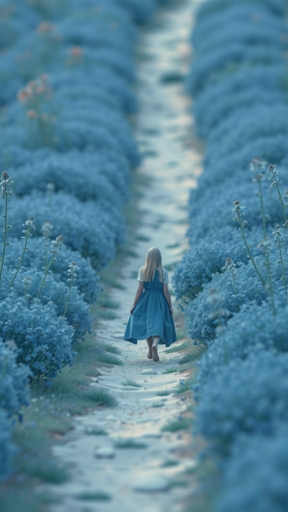 Blue Figure Walking in Dreamy Landscape