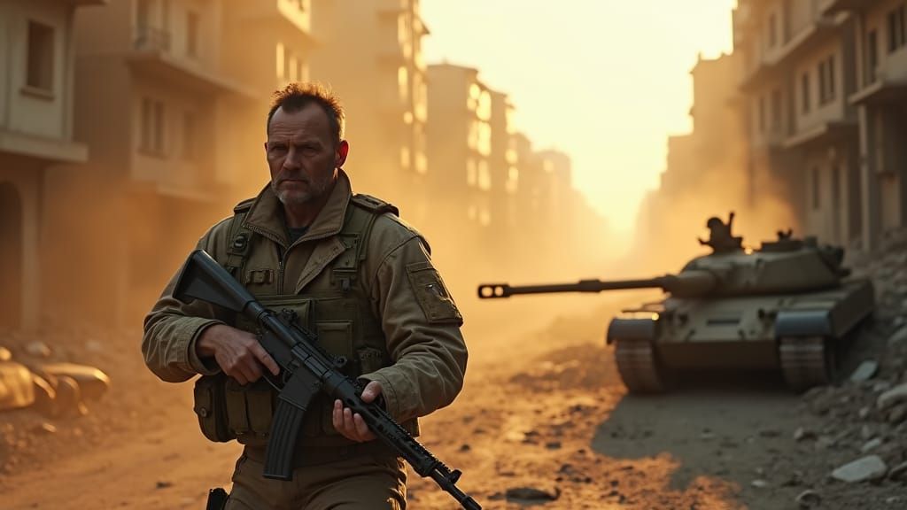 Man Surviving War in Dystopian Cityscape