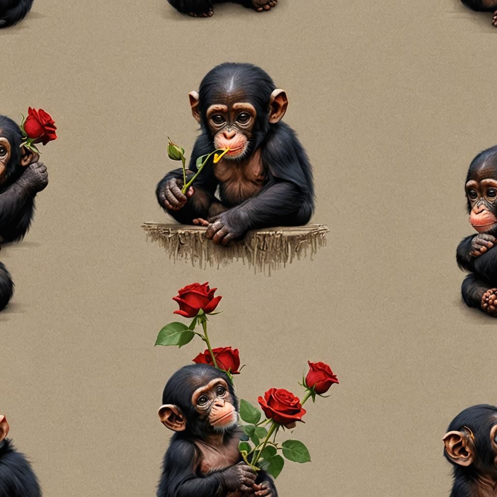 Baby Chimp Smelling a Red Rose