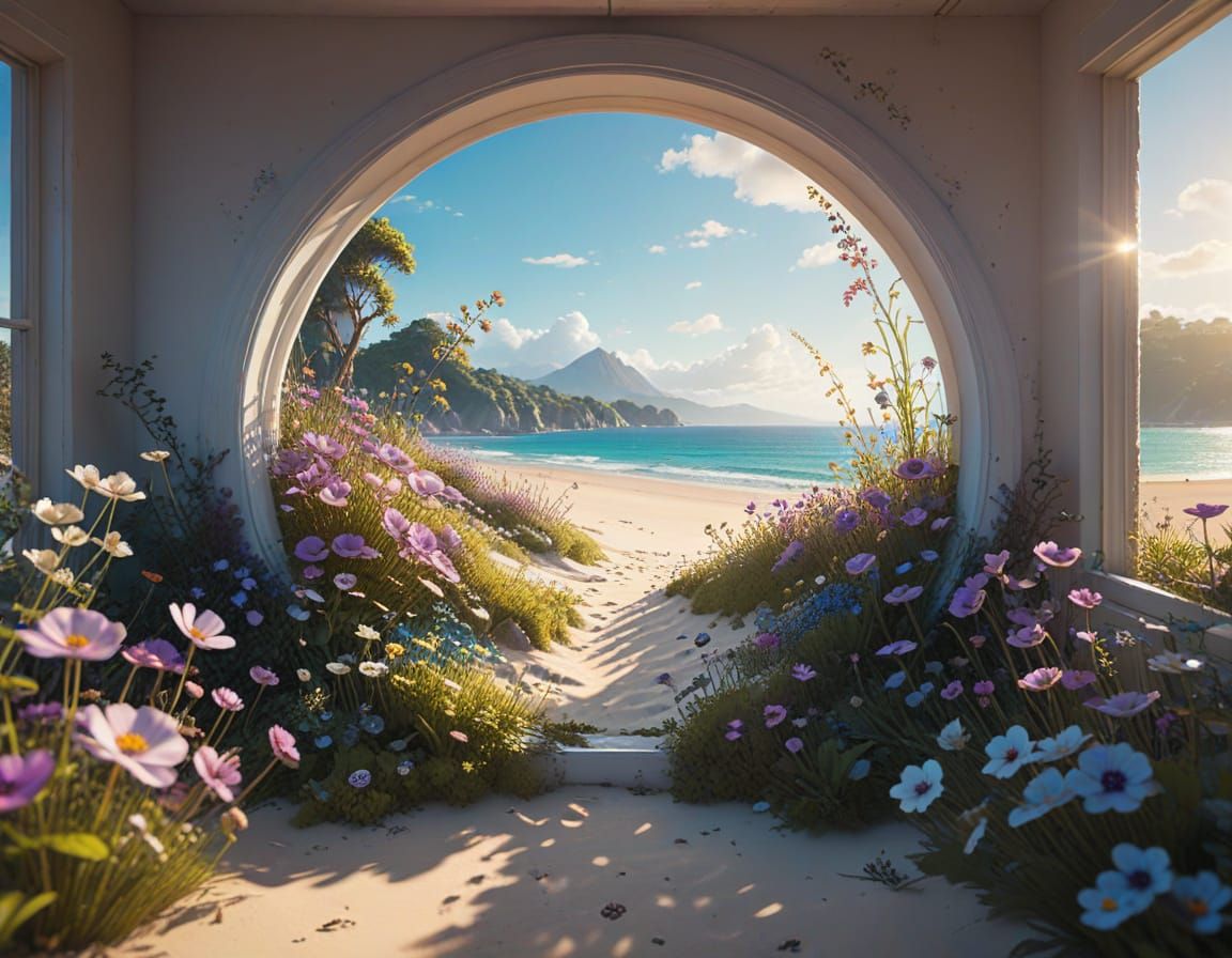 Epic Victorian Window Panorama with Swirling Beach and Vibra...