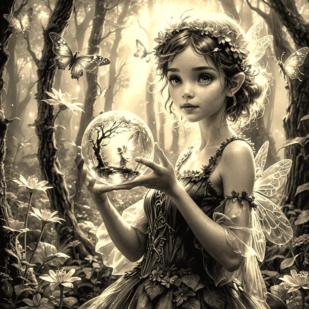 Flower Fairy Holding Orb with Magical Forest