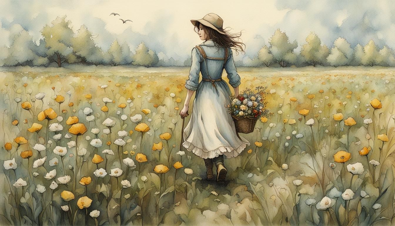 Young Woman in Flowered Field, Whimsical Illustration