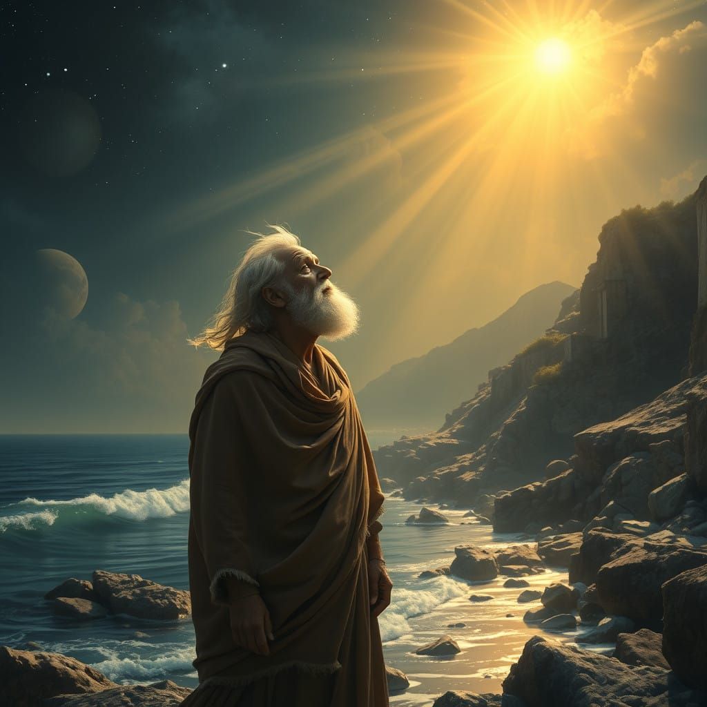 Ancient Greek Philosopher Sees Vision on Moonlit Beach