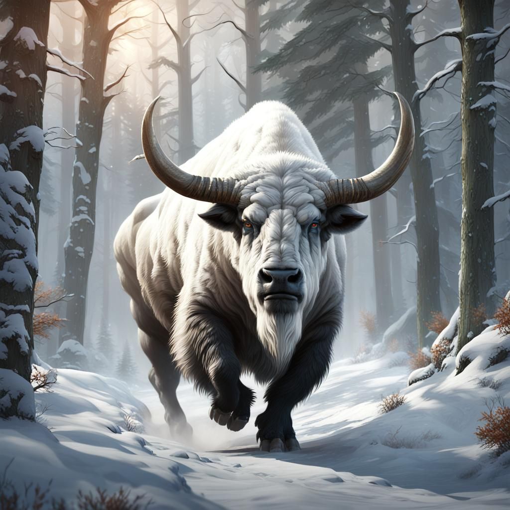 Majestic Bison Latifrons Charges Through Snowy Forest