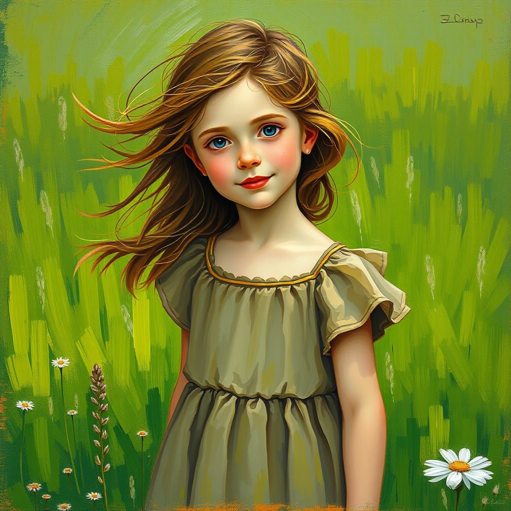 Gentle Girl in Earthy Dress, Cézanne-Inspired Landscape