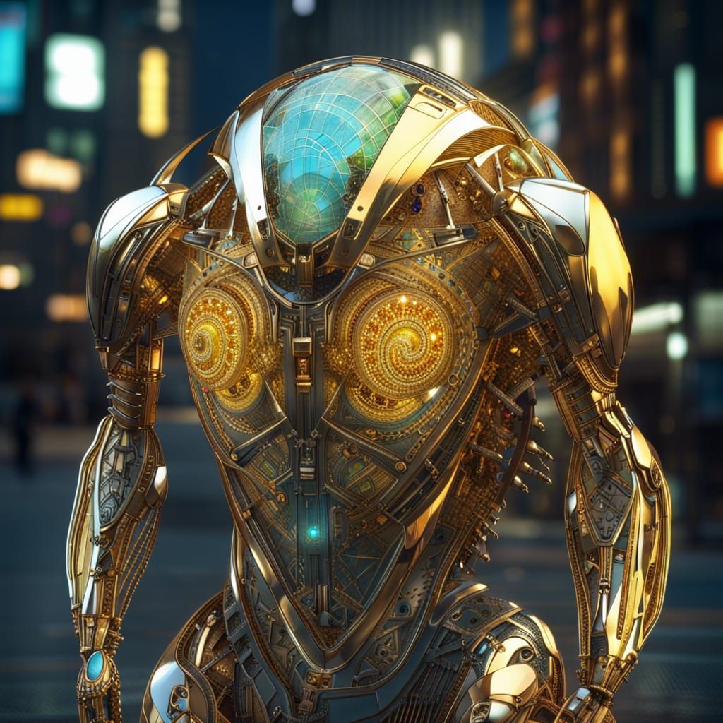 Ornate Android Humanoid in City at Night