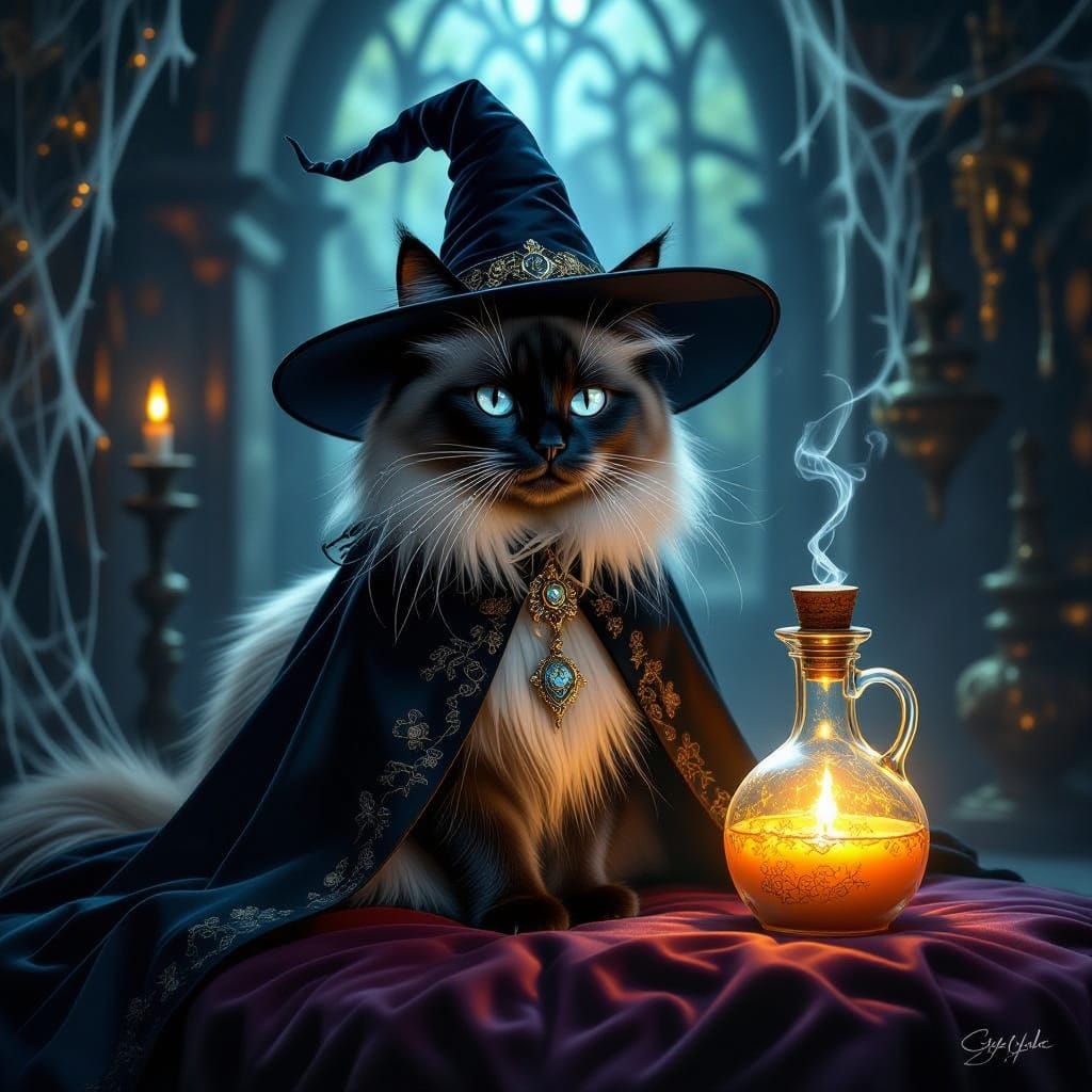 Majestic Siamese Witch Cat with Glowing Potion