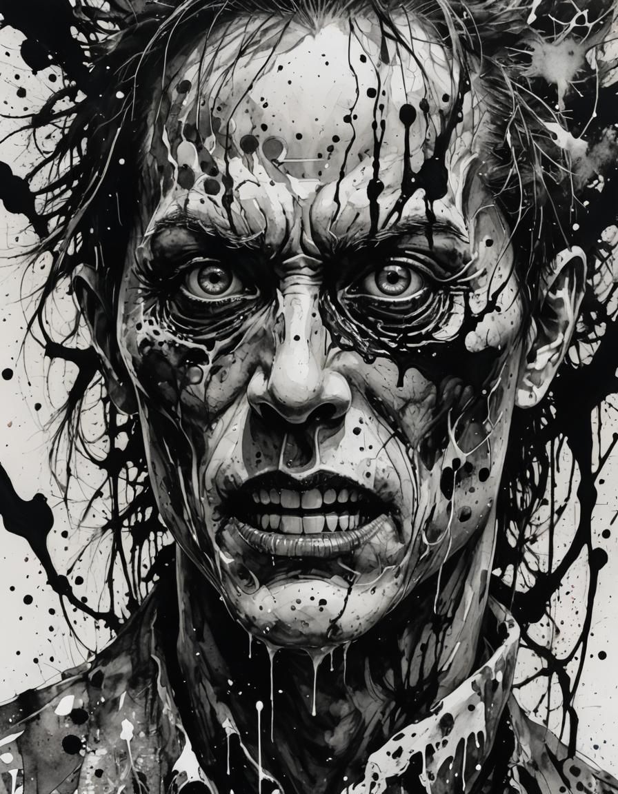 Surreal Monster Portrait in Ink Splatter Style