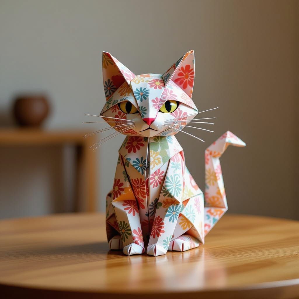 Origami Cat Sculpture in Pop Surrealist Style