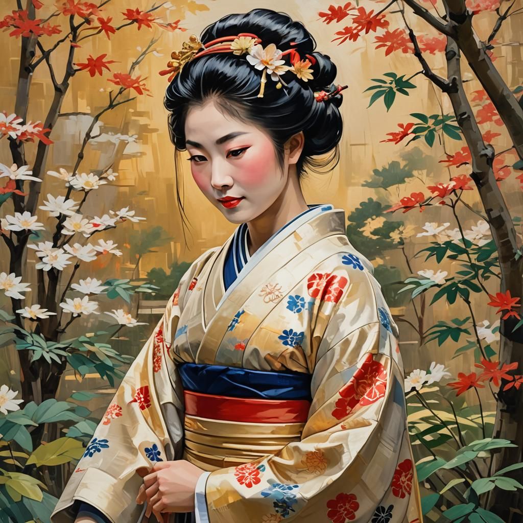 Geisha in Serene Garden with Impressionist Flowers