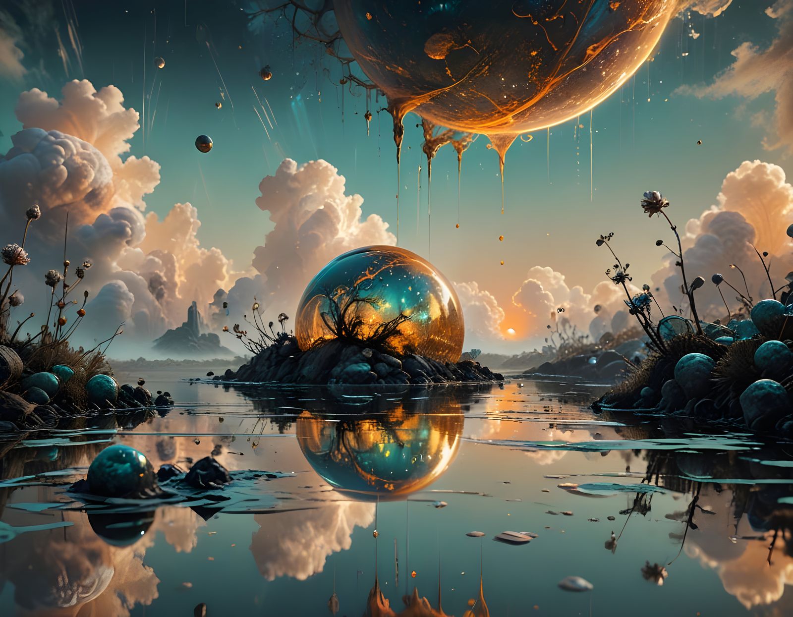 Bioluminescent Landscape with Geometric Forms as Oil Paintin...