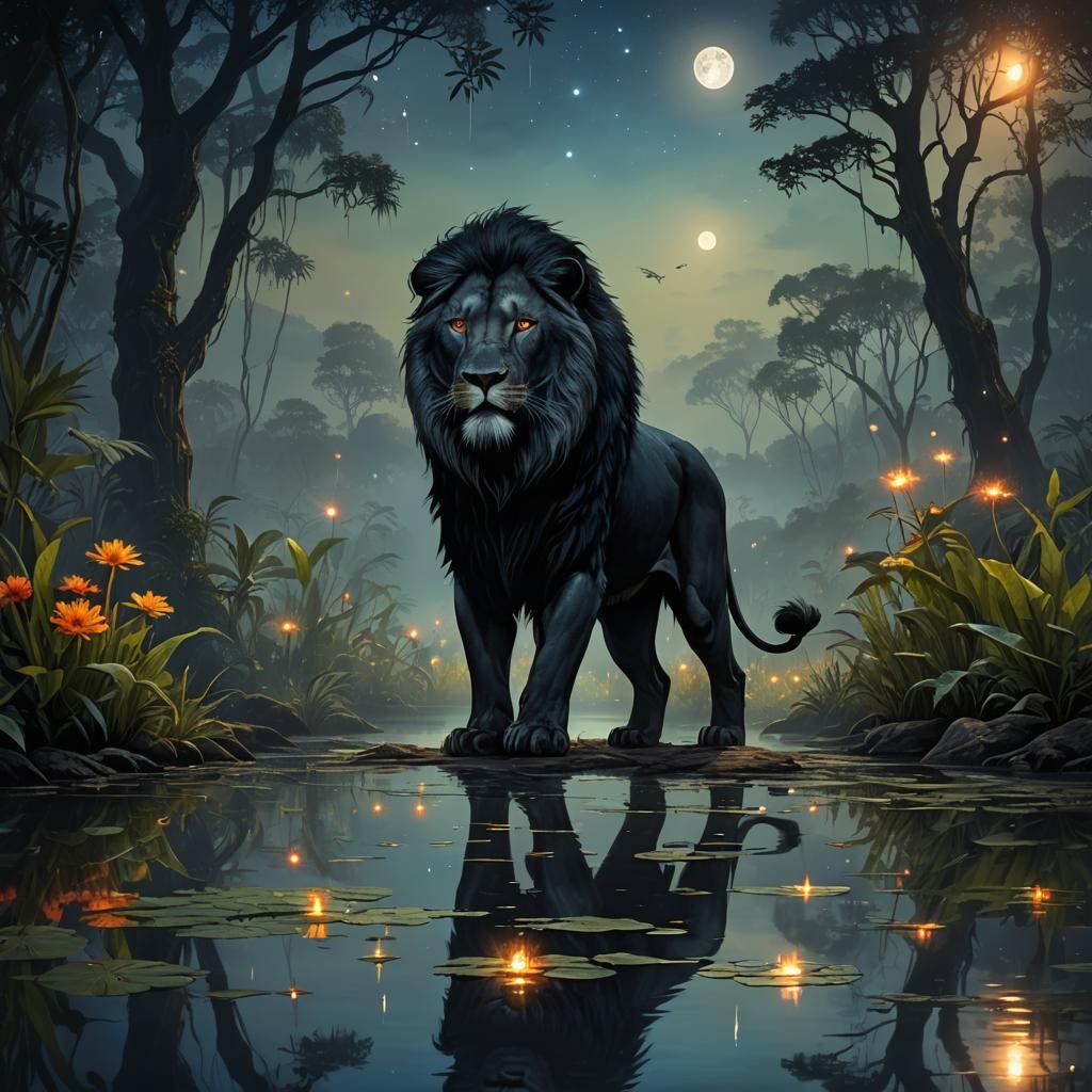 Black Lion in Bioluminescent Jungle