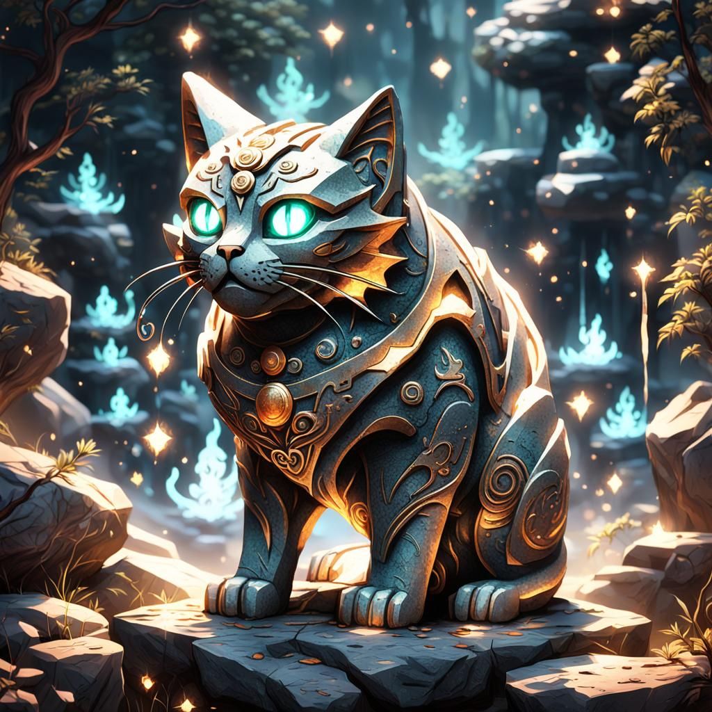 Stone Cat Statue with Glowing Eyes, Mystical Anime Art