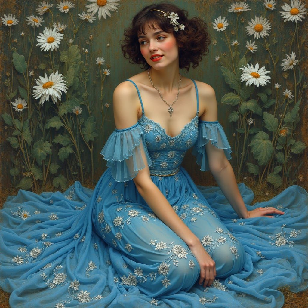 Elegant Woman in Blue Lace Dress, Alphonse Mucha Style