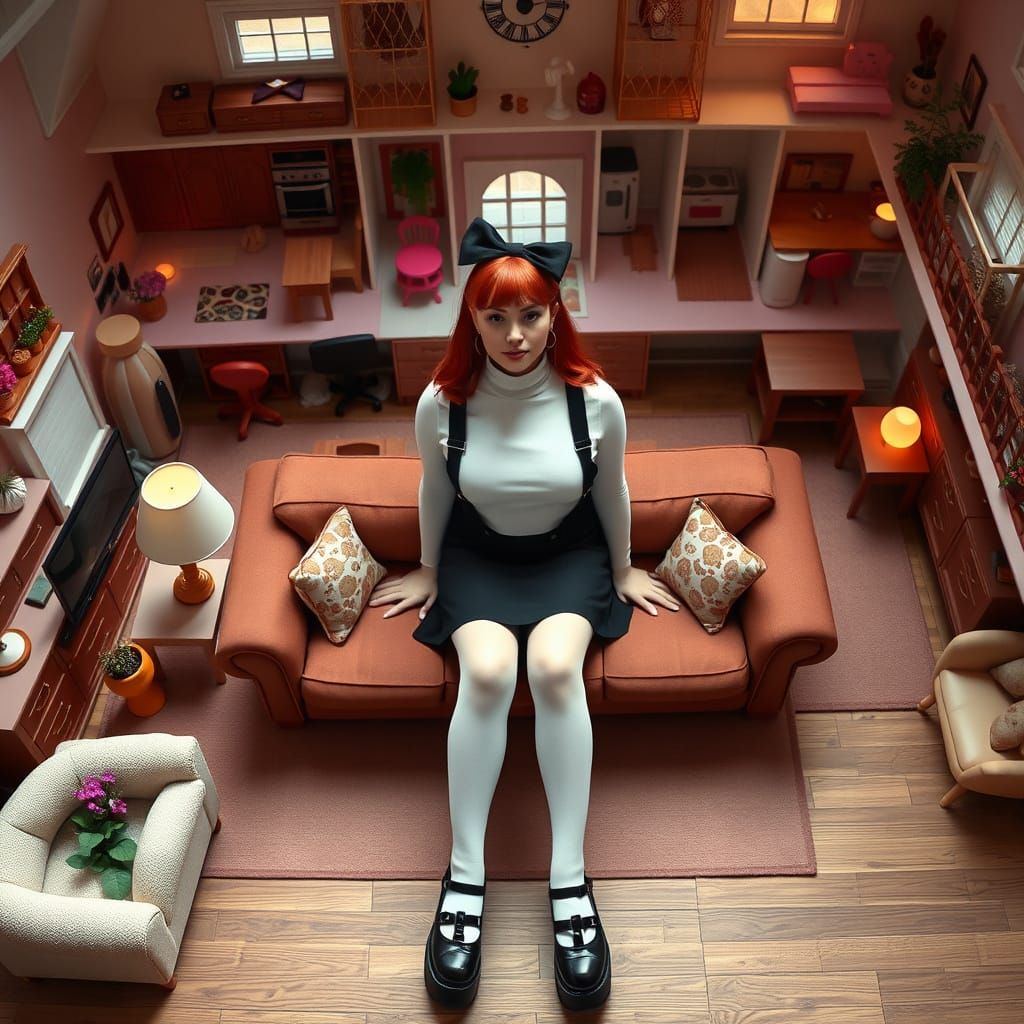 Curvy Red-Haired Woman in Miniature Dollhouse