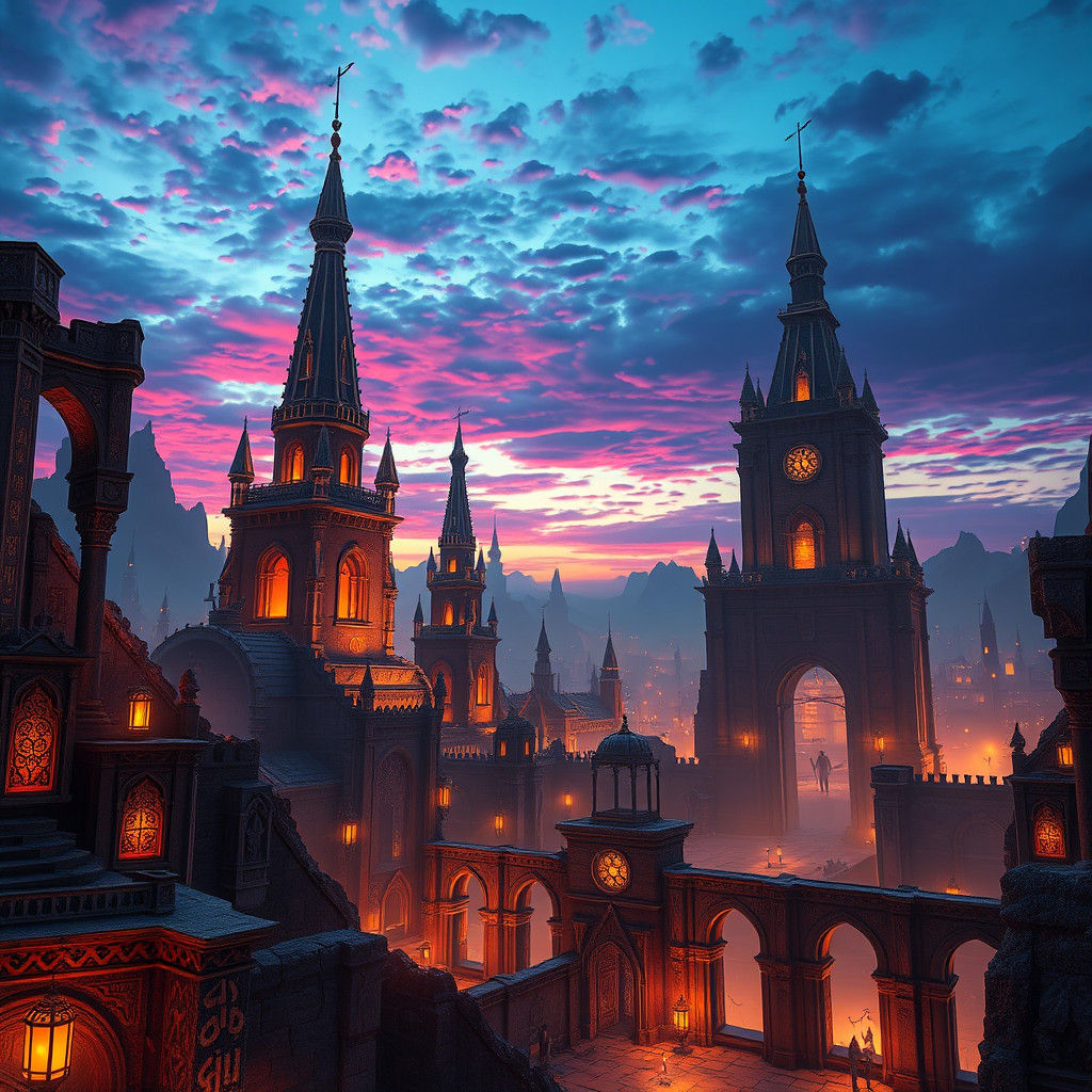 Mystical Ruined Cityscape at Dusk in Cinematic Style