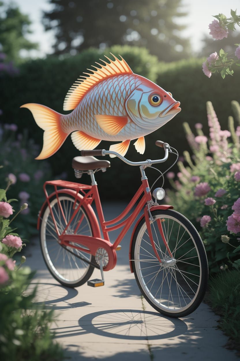 Fish Rides Bicycle Through Flower Garden
