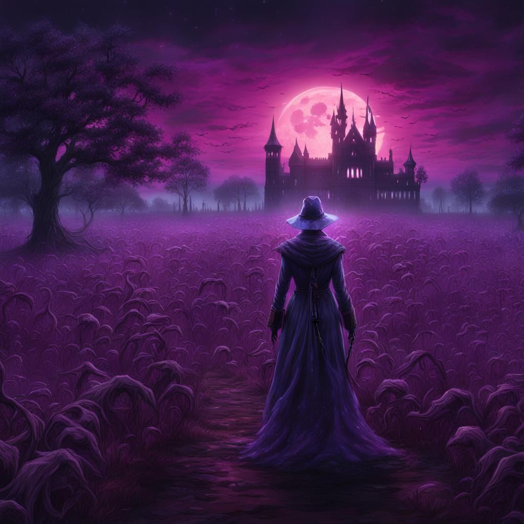 Ethereal Purple Ghost in Weed Field at Night