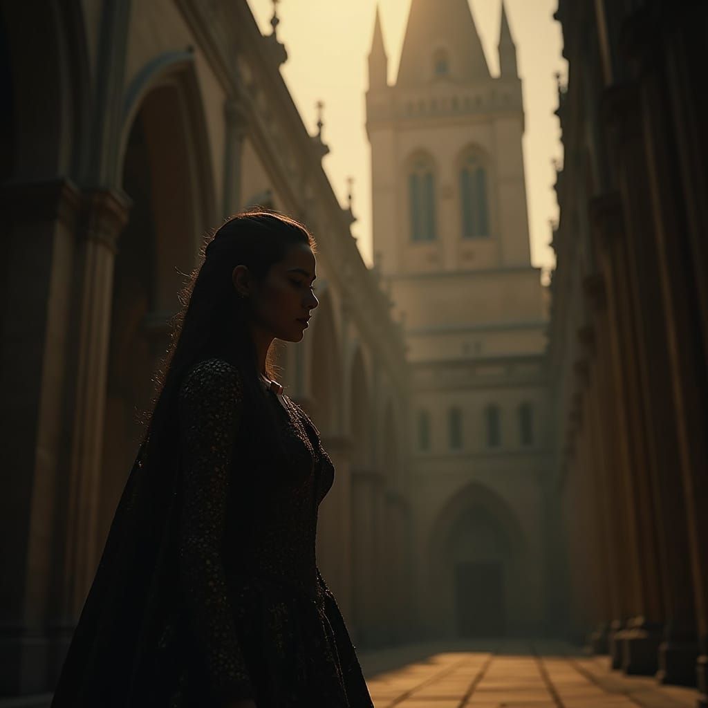 Gothic Cathedral Silhouette: A Haunting Female Figure in War...
