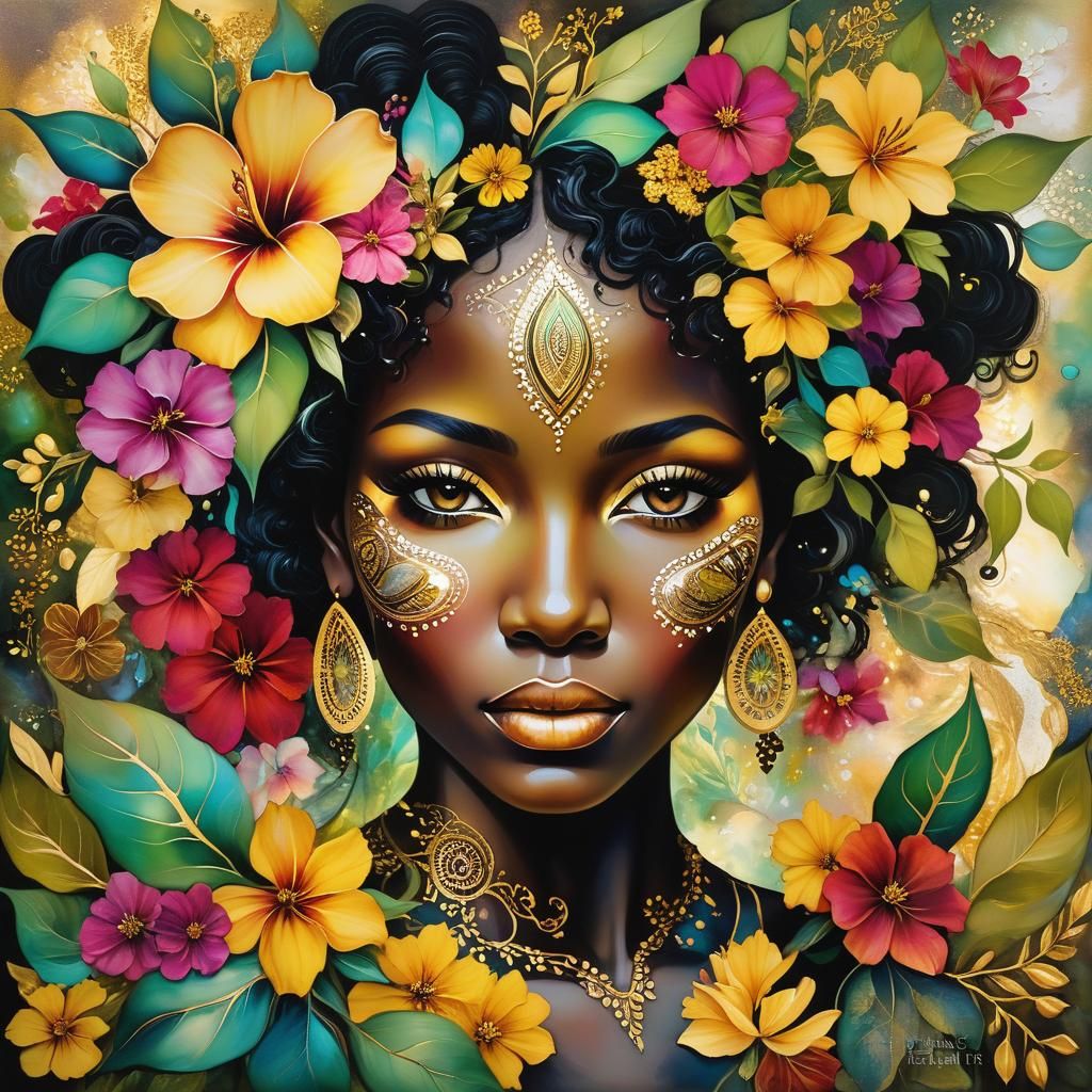 African Woman in Lush Garden: Alcohol Ink Art