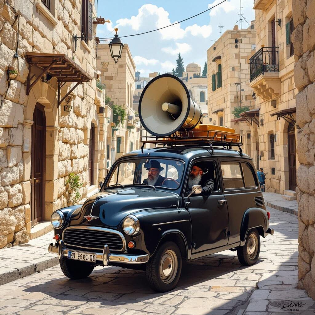 Funeral Announcement Vehicle in Jerusalem Street Scene