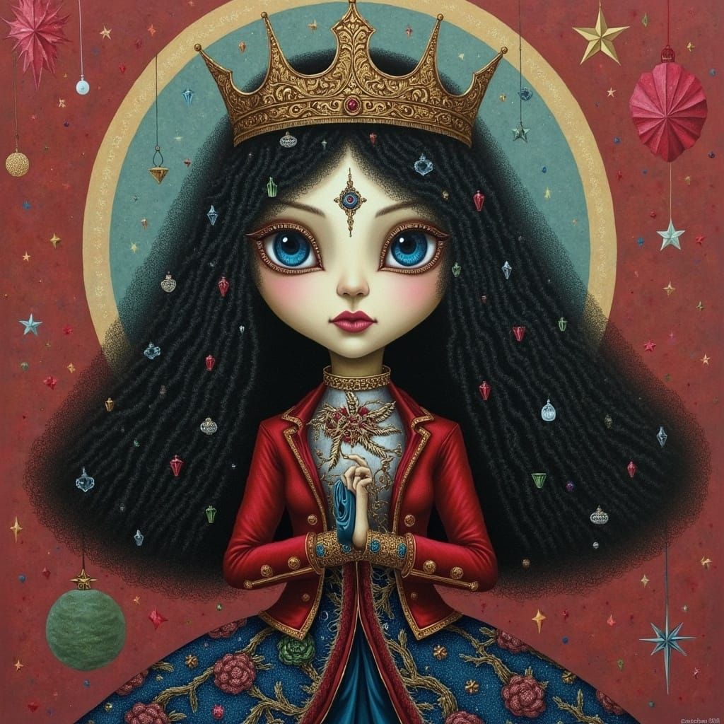 Whimsical Christmas Queen Doll in 2D Illustration