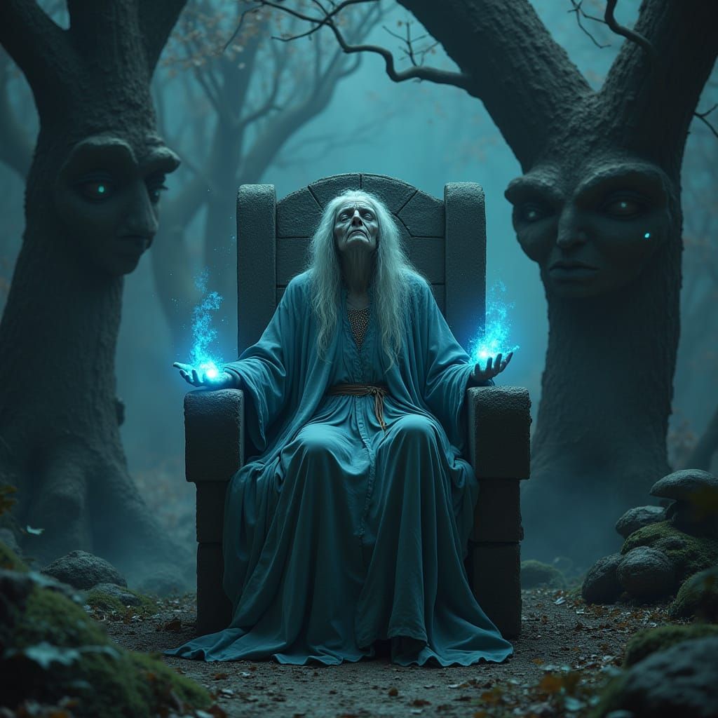 Ethereal Old Woman in Stone Chair Fantasy Art
