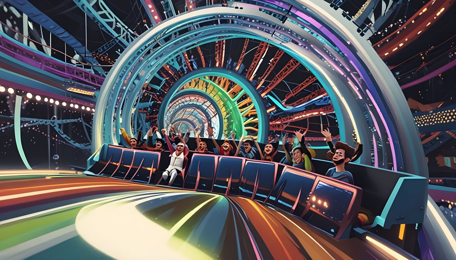 Thrill Seekers on Futuristic Roller Coaster