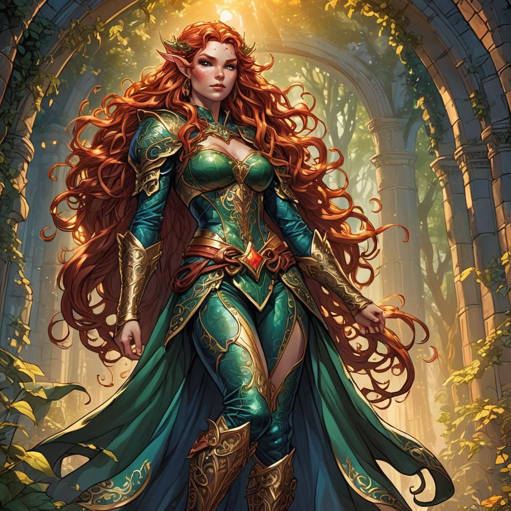 Voluptuous Elf with Red Hair in Comic Book Style