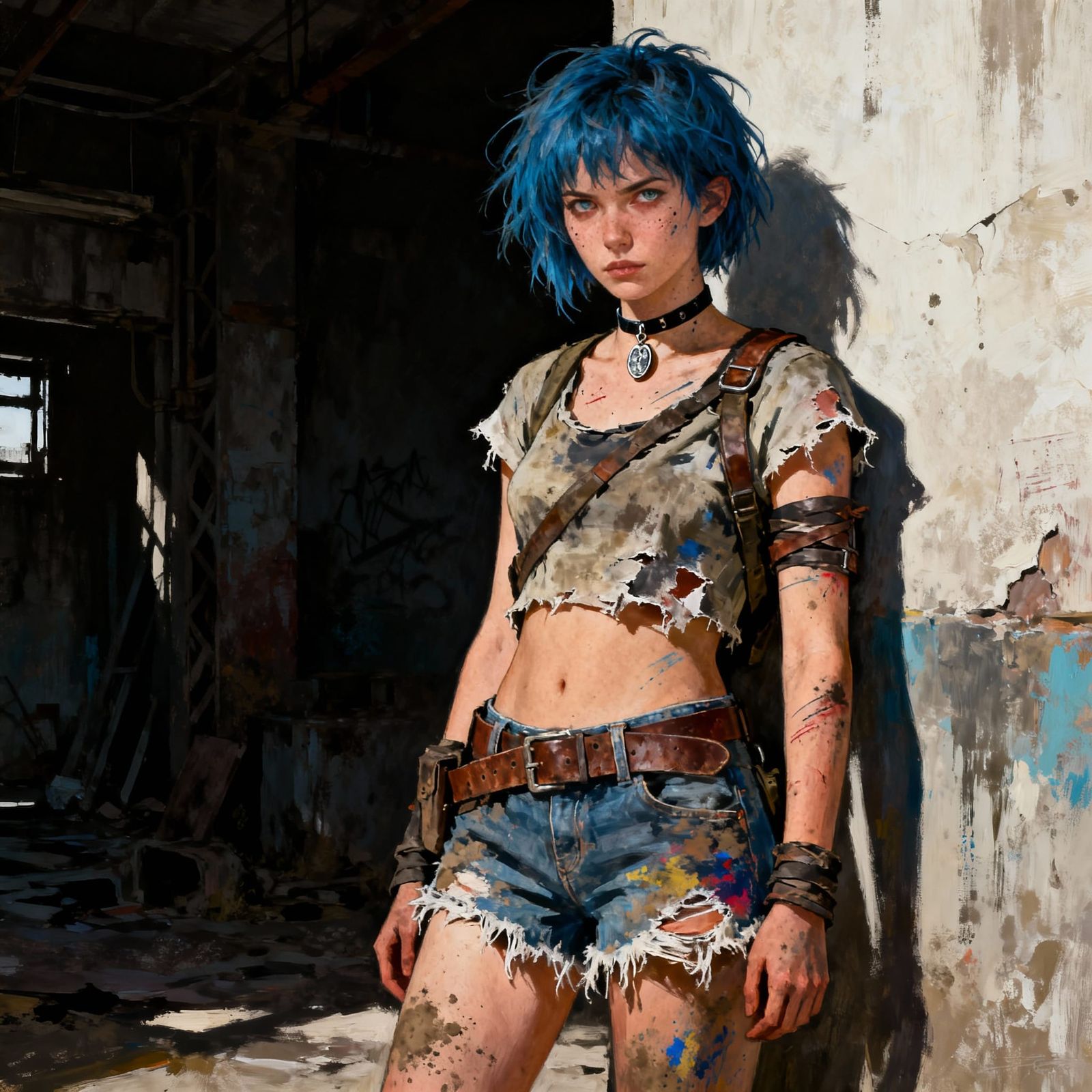 Rebellious Blue-Haired Woman in Post-Apocalyptic Style