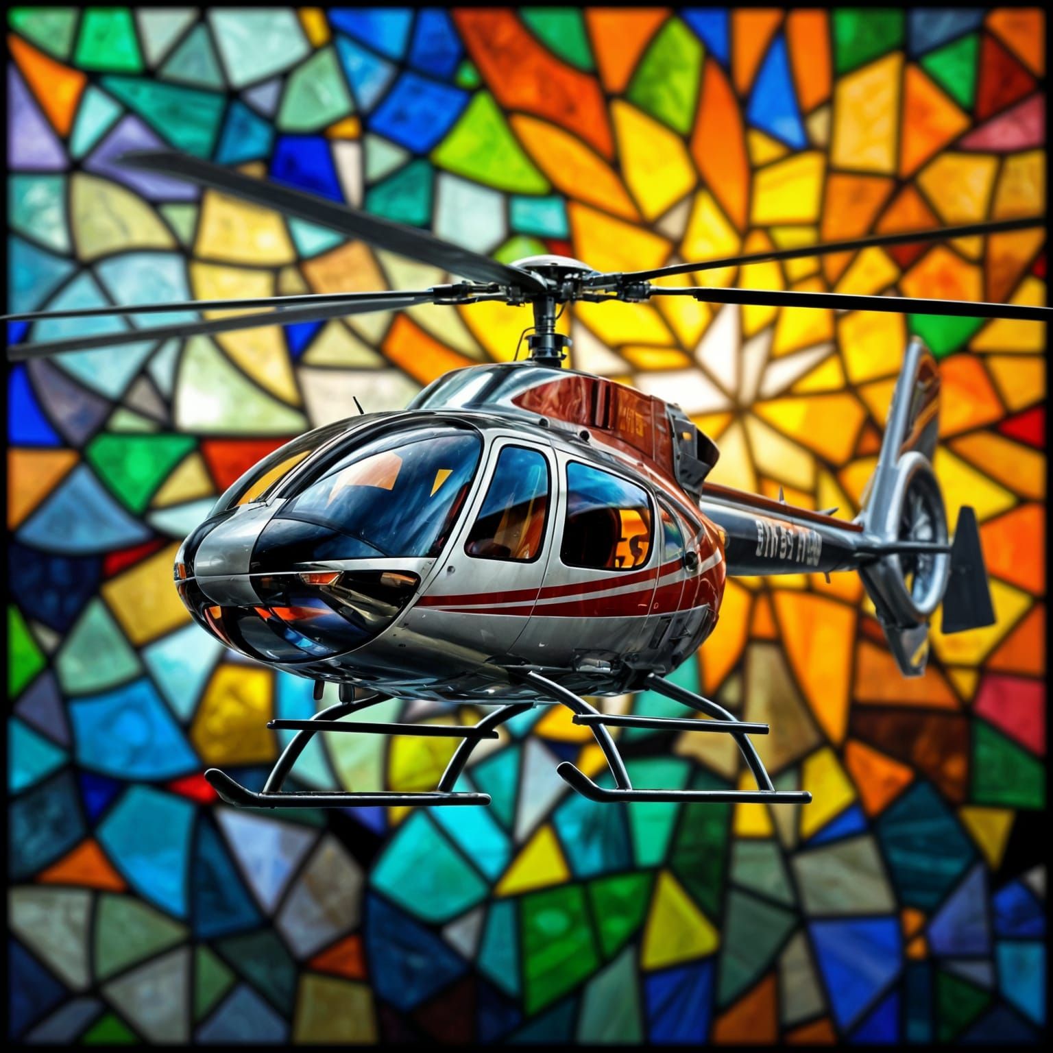 Vibrant Stained Glass Helicopter Artwork in Sharp Focus