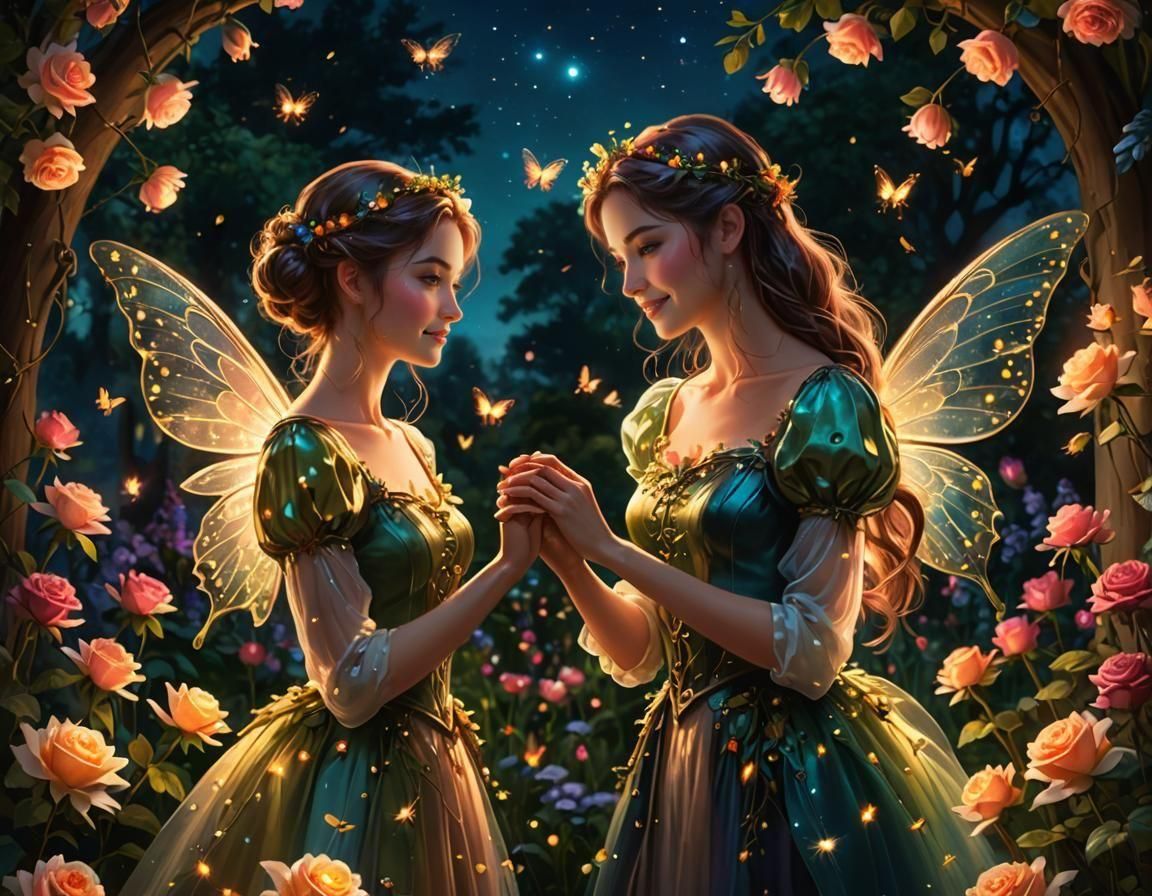 Romantic Fairy Women in Luminous Night Garden