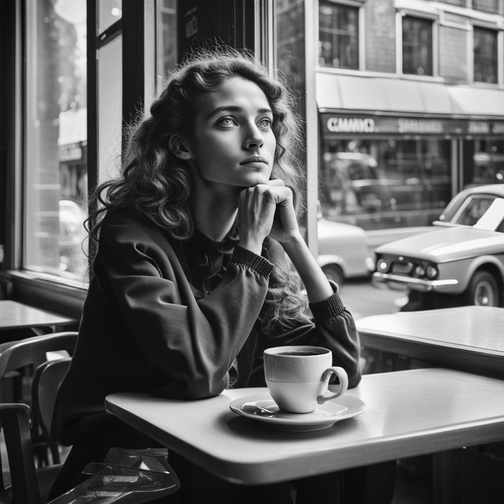 Contemplative Woman in Cafe: Black and White Photography