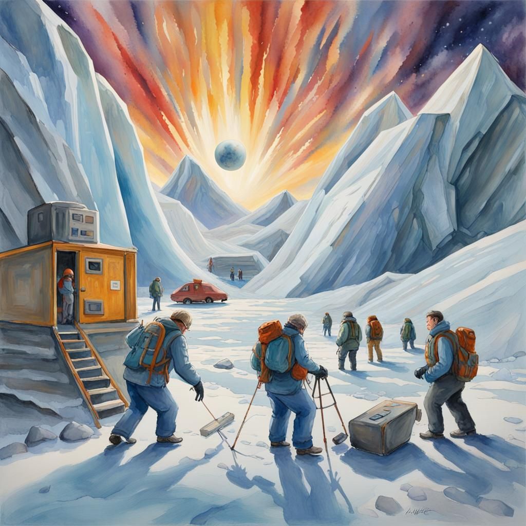 Arctic Scientists Study Alien Artifact in Gouache Style