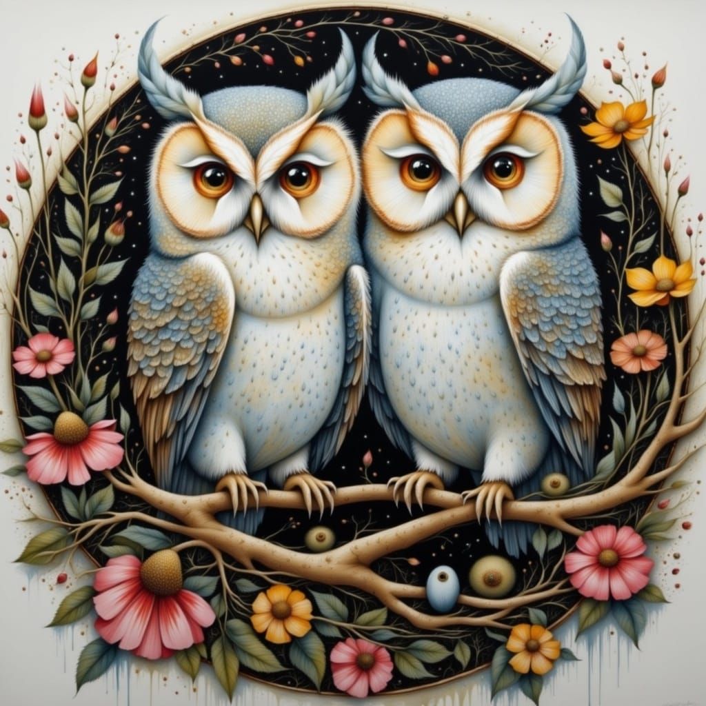 Intricate Owls in Entangled Linework Style