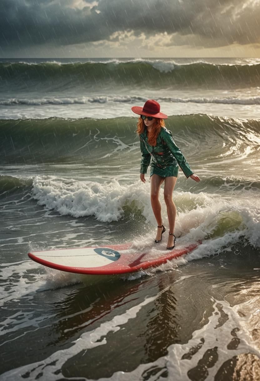Glamorous Woman Surfing in Wet Fur Coat