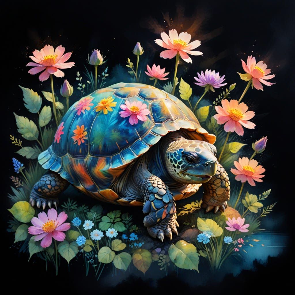 Watercolor Tortoise Silhouette with River Valley Flowers