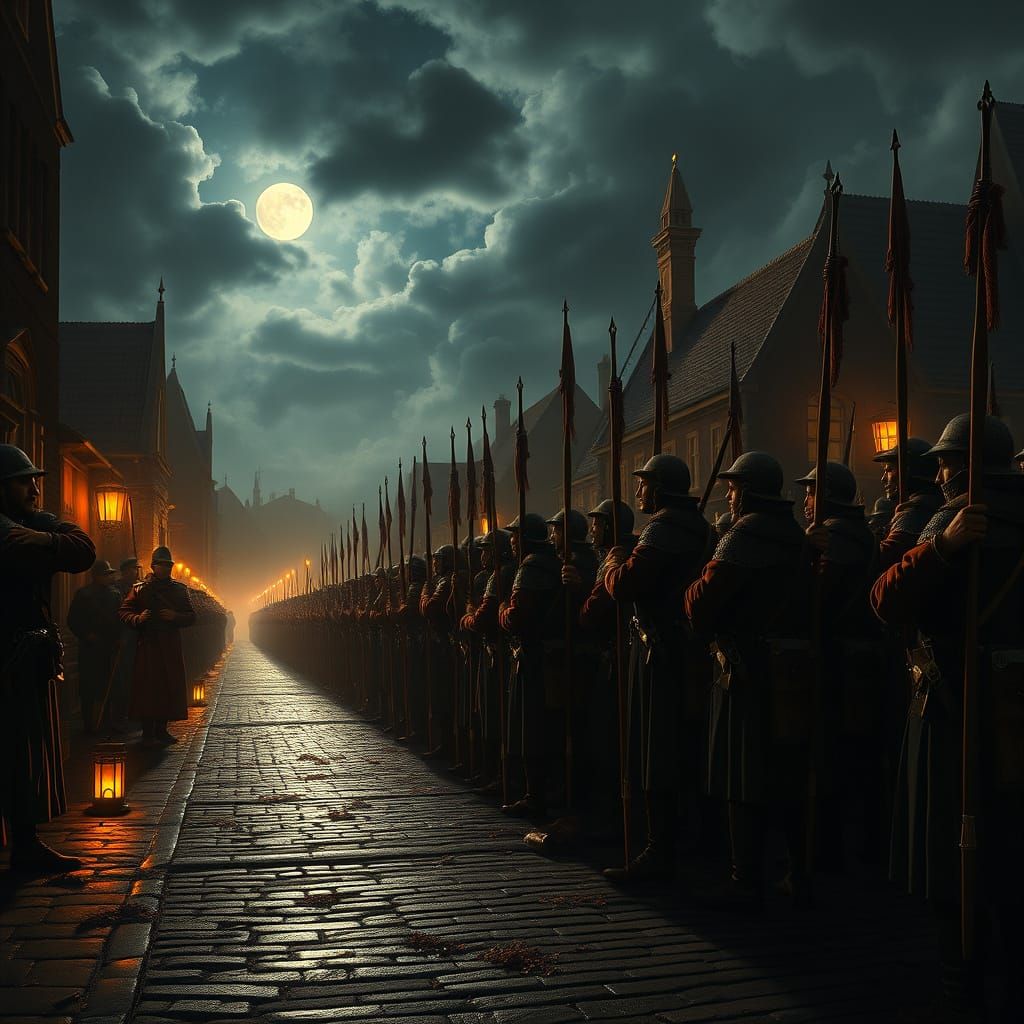 Dutch Militia Company in Moonlit Night, in the Style of Remb...