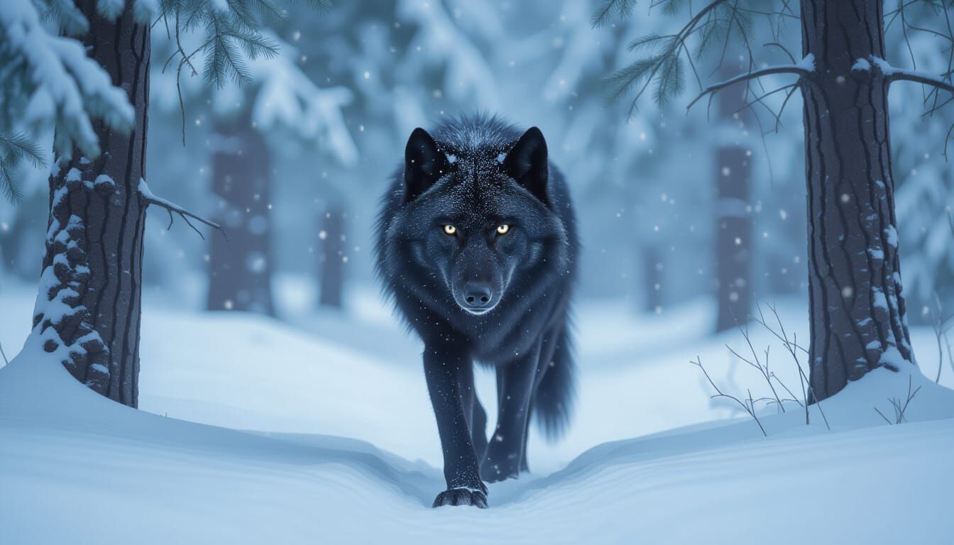 Ethereal Black Wolf in Snowy Forest, Photorealistic