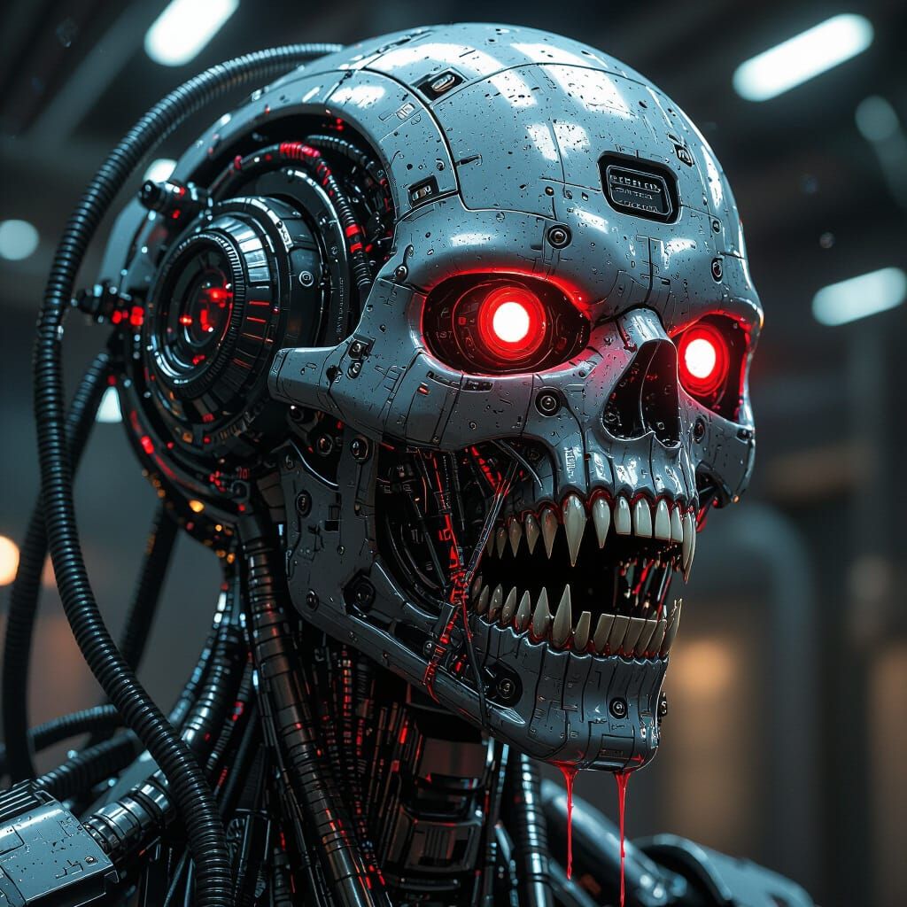 Cybernetic Horror: Mechanized Creature Head with Pulsing Lig...