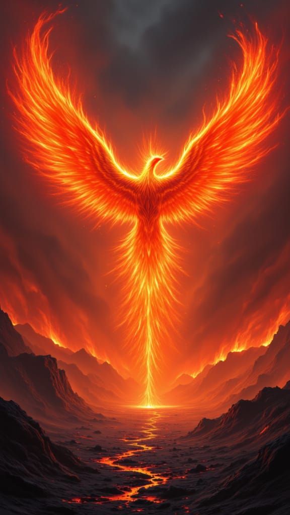 Inferno Phoenix Rises in Volcanic Landscape