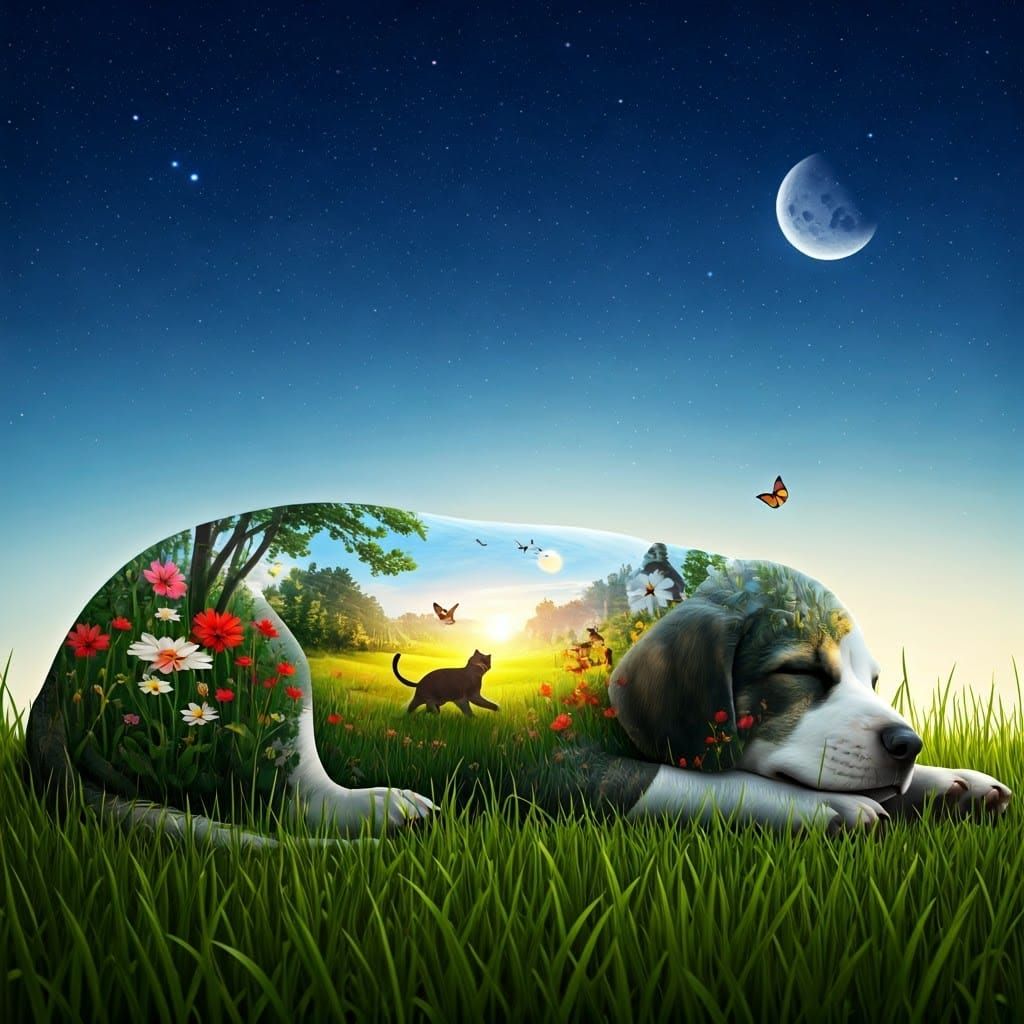 Whimsical Nighttime Scene with a Sleeping Dog