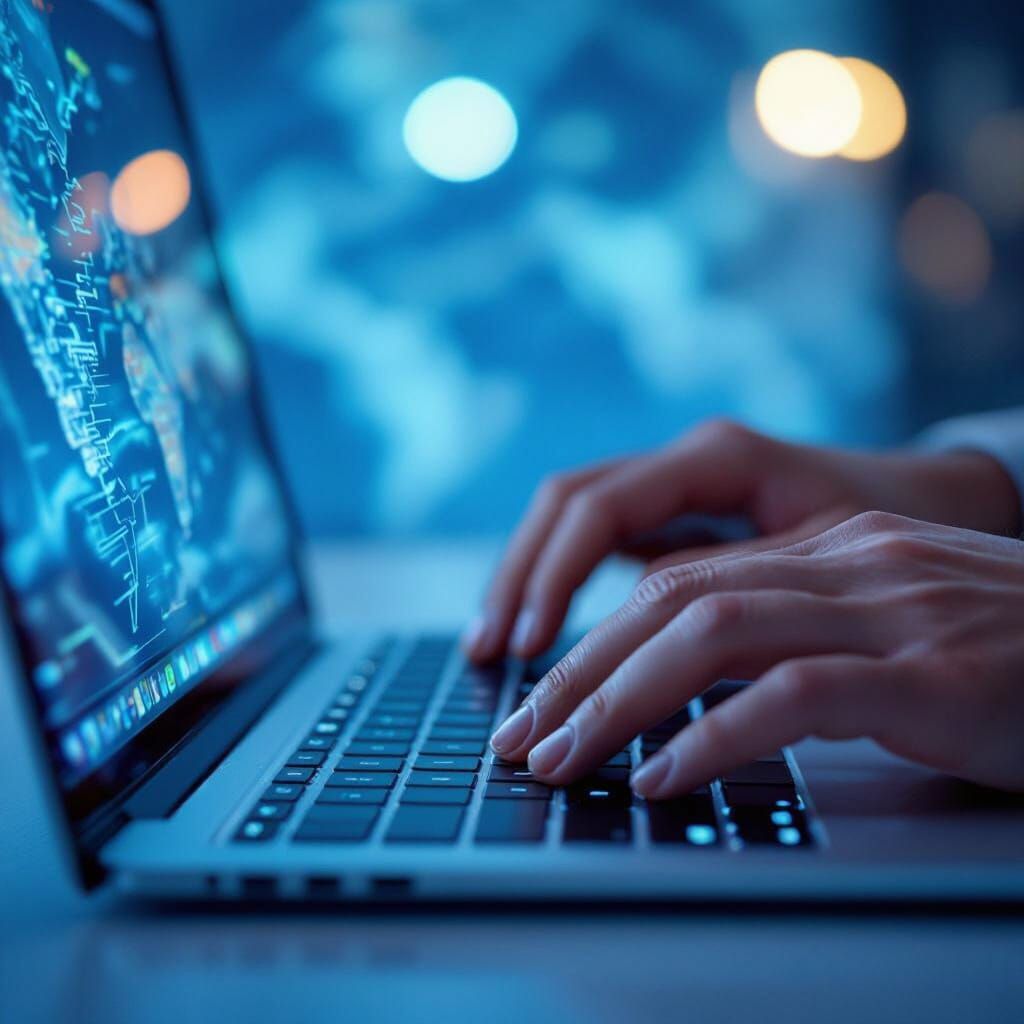 Hands Typing on MacBook Keyboard with Blue Map Background