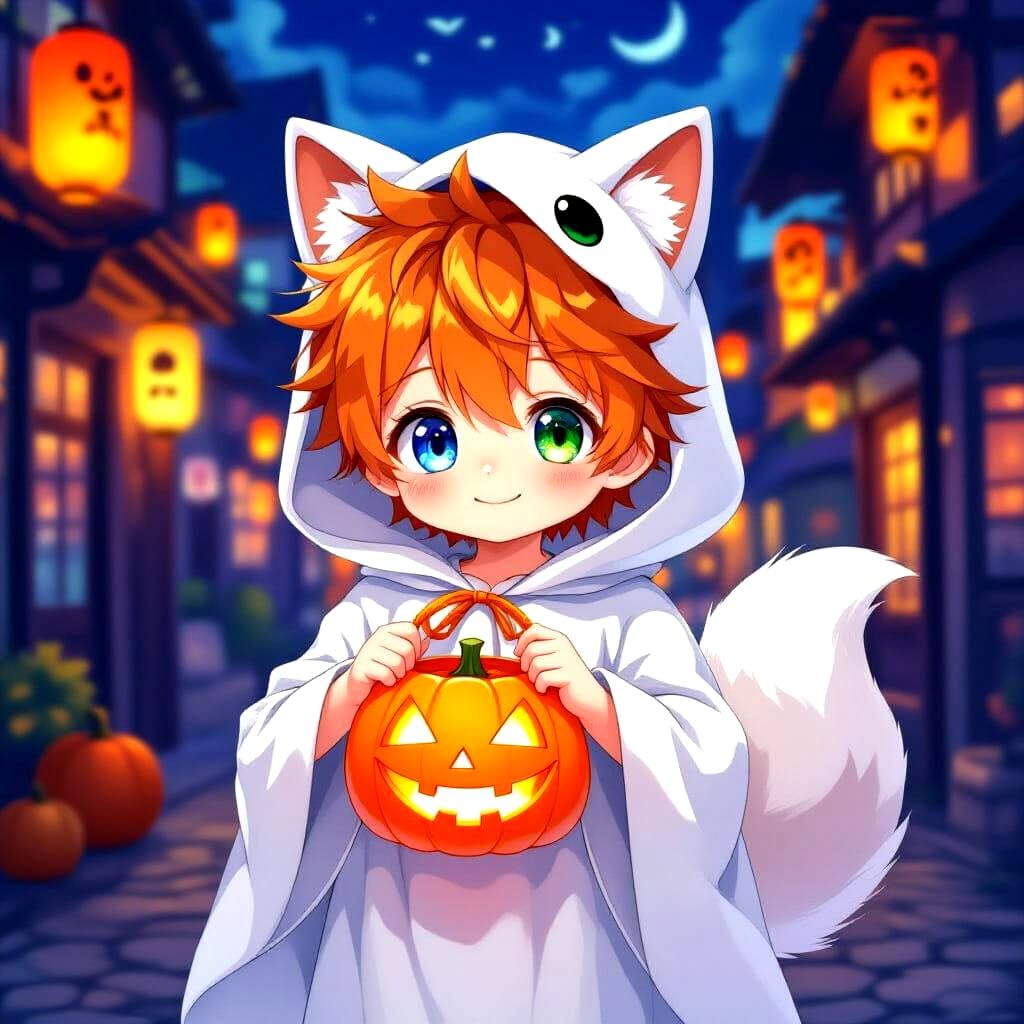 Anime Boy in Ghost Costume with Fox Tail