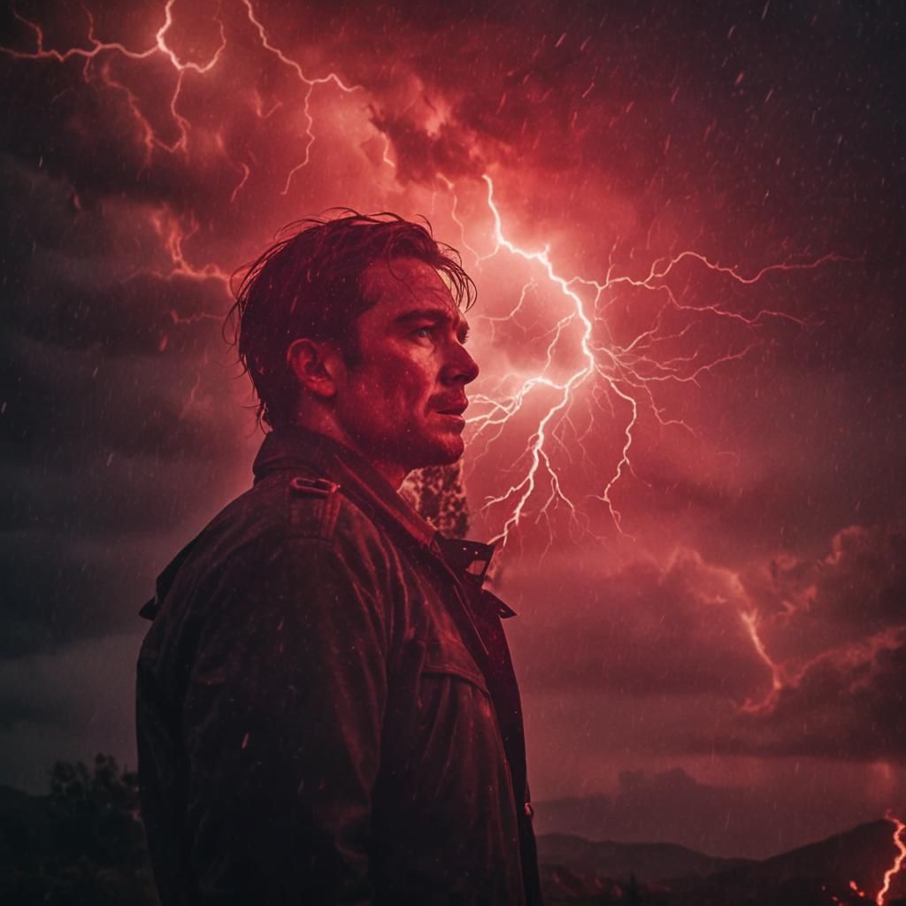 Dramatic Red Landscape with Lightning in Vintage Film Style